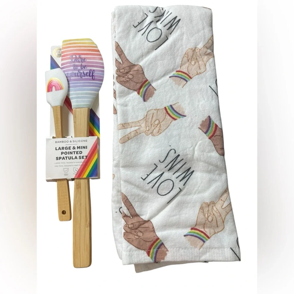 Rainbow Pride Rae Dunn Kitchen Towels & Silicone Spatulas 4 Pieces NEW